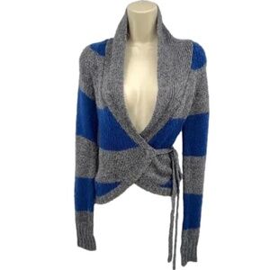 Wet Seal Sweater Women's XS Y2K Wrap Blue Gray Wide Stripes 90's Tie Belt Cozy
